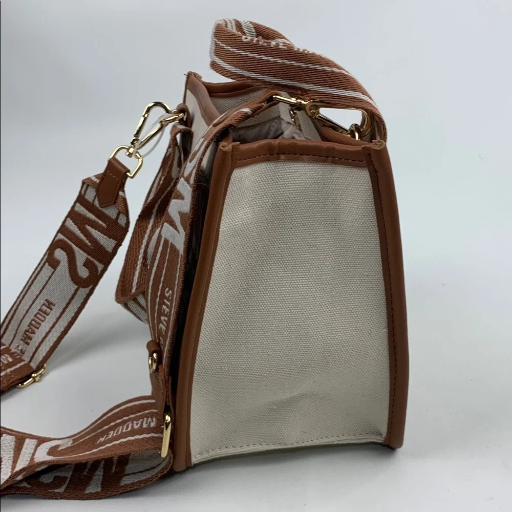 Steve Madden Tan Cream Canvas tote crossbody Bag Gold logo Lined pockets